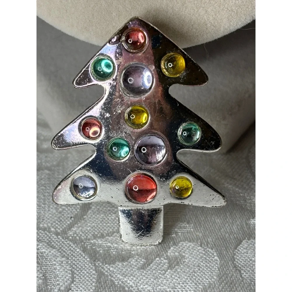 Silver Tone Christmas Tree Brooch Multi Color Cabochon Holiday Pin